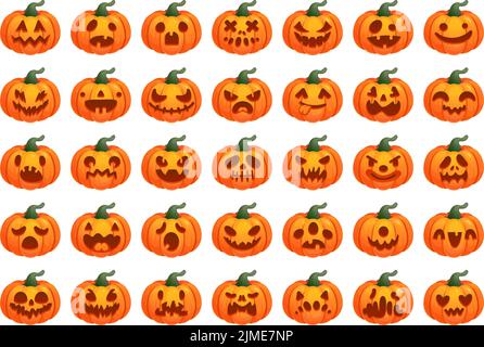 Emoji de citrouille. Halloween caricature citrouilles visage sculpté, helloween heureux émotions, sourire drôle masque, autocollants, visages effrayants, ensemble orange icônes mal illustration de vecteur ingénieux de citrouille d'halloween Illustration de Vecteur