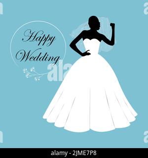 Mariée tenant voile silhouette.carte de mariage, invitation. Silhouette féminine dans une robe luxuriante sur fond blanc. Illustration vectorielle. Illustration de Vecteur