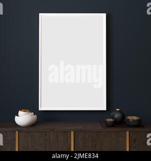 Maquette d'image avec cadre vertical blanc sur mur bleu foncé. Intérieur sombre élégant, décor, placard en bois et couverture pic Banque D'Images