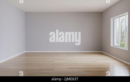 Chambre vide avec murs clairs et parquet. Espace vide pour le mockup. rendu 3d Banque D'Images