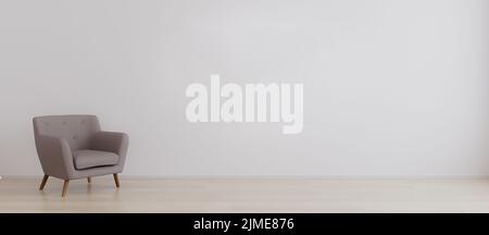 Chambre vide avec mur blanc et fauteuil sur parquet. Intérieur de la chambre avec fauteuil pour maquette. rendu 3d Banque D'Images