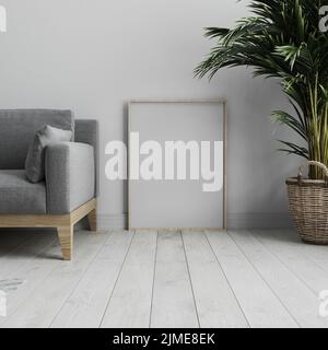 Cadre à affiche blanc vertical sur parquet blanc dans un intérieur minimaliste clair et moderne avec mur blanc et gris Banque D'Images