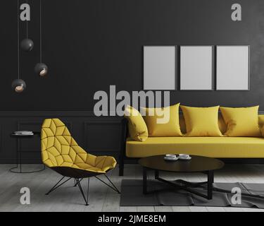 Maquette de cadre à affiche verticale vierge dans un décor moderne avec un mur noir, un élégant canapé jaune et un armcha design Banque D'Images