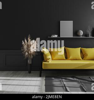 Cadre à affiche verticale vierge sur une étagère dans un arrière-plan intérieur moderne sombre, intérieur de salon avec mur noir et jaune Banque D'Images