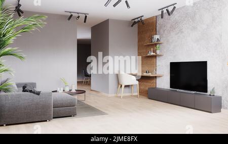 Salon moderne lumineux avec canapé gris, chaise blanche sur parquet stratifié. Style scandinave, intérieur confortable. Brillant s Banque D'Images