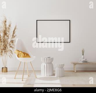 Cadre photo horizontal vierge maquette dans un arrière-plan intérieur moderne avec mur blanc vide, chaise et pampas d'herbe, livin de luxe Banque D'Images