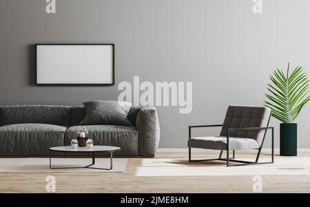 Cadre photo horizontal vide maquette dans le salon moderne intérieur fond de couleur grise avec canapé et fauteuil, mur gris Banque D'Images