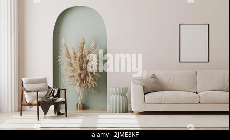 Cadre à affiche vide sur un mur beige dans l'intérieur du salon avec mobilier moderne et arc vert décoratif avec fleurs séchées tendance Banque D'Images