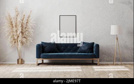 Cadre vertical blanc sur un mur en plâtre décoratif gris dans un salon moderne intérieur avec canapé bleu foncé, lampadaire, 3D renderi Banque D'Images