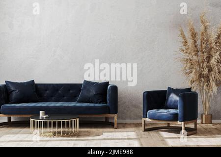 Décoration moderne de style scandinave avec canapé et fauteuil bleu foncé, intérieur de salon, 3D personnes Banque D'Images