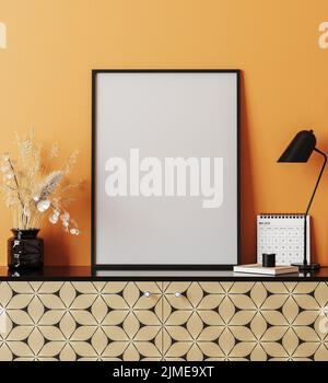 Cadre poster maquette dans un intérieur moderne avec mur orange, lampe de table, rendu 3D Banque D'Images