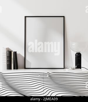 Cadre poster Mockup blanc lumineux intérieur moderne avec mur blanc et décoration élégante, style scandinave minimaliste, 3D RE Banque D'Images