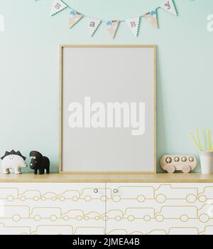 Maquette de cadre d'affiche en bois vierge dans la chambre des enfants avec mur bleu clair et drapeaux de guirlande bébé, commode avec Banque D'Images