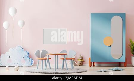 Maquette de cadre à affiche horizontale vierge dans la belle chambre d'enfants avec un mur rose, des meubles colorés et des jouets doux, des enfants Banque D'Images