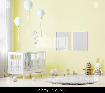 Cadre d'affiche vierge maquette sur le mur jaune dans le fond intérieur de la chambre de bébé avec literie de bébé, jouets doux, ballons, rendu 3D Banque D'Images