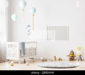 Cadre horizontal vierge maquette sur le mur blanc dans l'arrière-plan intérieur de la chambre de bébé avec literie de bébé, jouets mous, ballons, 3D rend Banque D'Images