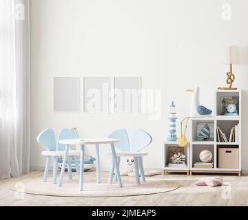 Cadre à affiche vierge dans la chambre lumineuse des enfants avec table pour enfants et étagères près de la fenêtre, meubles pour enfants, 3D meubles de rendu Banque D'Images