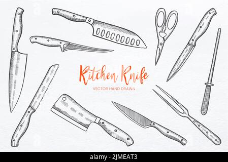 Ensemble de couteaux de cuisine avec illustration vectorielle dessinée à la main Banque D'Images