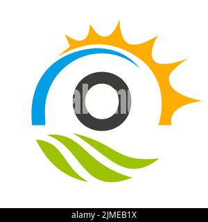 Modèle de vecteur de logo Agriculture Letter O. Concept de logo Agriculture avec Green Field et Bright Sun Element Illustration de Vecteur