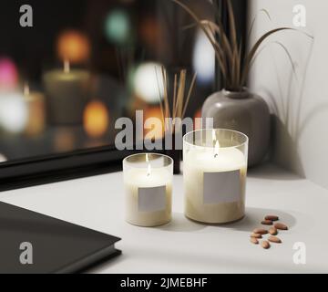 Bougie parfumée blanche en verre avec étiquette vierge maquette avec diffuseur de roseau aromatique et vase avec fond de lumières de ville nocturne Banque D'Images