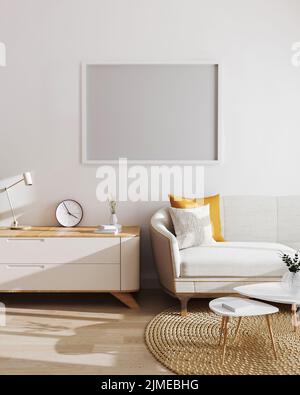 Cadre vide horizontal au-dessus du placard et canapé sur un mur blanc dans l'intérieur moderne du salon, 3D rendu. Image horizontale fr Banque D'Images