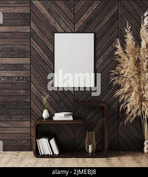 Cadre noir vertical vierge sur un mur en bois sombre avec étagères avec décoration et livres, pampas herbe, rendu 3d Banque D'Images
