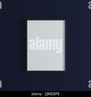 Cadre vierge sur maquette murale bleu foncé, cadre d'affiche noir vertical sur mur, cadre d'image isolé sur un mur, maquette pour pictu Banque D'Images