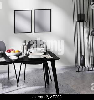 Cadre maquette dans un décor contemporain minimaliste, table de salle à manger avec chaises, mur blanc et sol en béton, t Banque D'Images