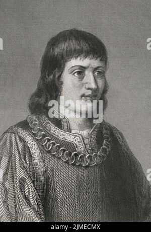 Ferdinand II d'Aragon, appelé catholique (1452-1516). Roi de la couronne d'Aragon. Roi de Castille sous le nom de Ferdinand V (1474-1504). Portrait. Gravure par Geoffroy. 'Historia Universal', par César Cantú. Volume IV, 1856. Auteur: Charles Geoffroy (1819-1882). Graveur français. Banque D'Images