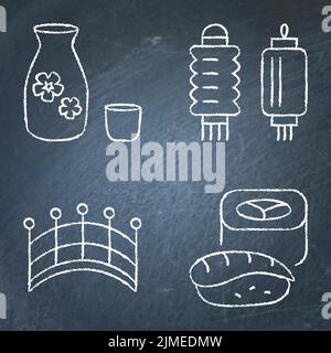 Jeu d'icônes de tableau noir de symboles nationaux japonais. Pont traditionnel, boisson au saké, sushi et lanterne japonaise. Illustration vectorielle. Illustration de Vecteur