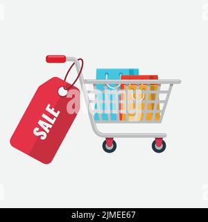 Panier avec étiquette de prix rouge. Couleur plate Illustration de Vecteur