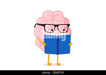 Caricature cerveau humain lire livre. Mascotte intelligente du système nerveux central avec des lunettes de connaissance de la littérature. Le personnage d'organe d'esprit humain apprend et forme l'intellect. Connaissances et éducation. Vecteur Illustration de Vecteur