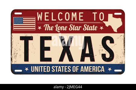 Bienvenue à Texas plaque d'immatriculation rouille vintage sur fond blanc, illustration vectorielle Illustration de Vecteur