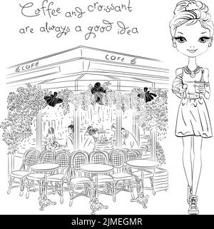 Fille de mode avec café et croissant près du café parisien, Paris, France. Illustration noir et blanc pour livre de coloriage. Illustration de Vecteur