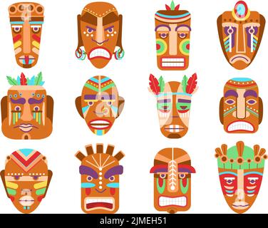 Masques tribaux. Tiki idoles, masque totémique ethnique. Symboles anciens guerriers africains isolés en bois. Caricature traditionnelle de la culture maya éléments vecteur décents Illustration de Vecteur