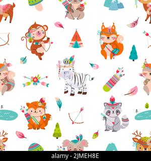 Jolie texture d'animal tribal. Animaux des bois, personnages de la forêt de bébé de style boho. Imprimé koala singe renard raton laveur pour enfants, effet vectoriel de nowaday enfant sans coutures Illustration de Vecteur