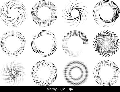 Effet de demi-teinte des lignes de vitesse en pointillé du cercle. Spirales à mouvement rond, cadres à spirales abstraits. Logos circulaires à points, graphiques techniques isolés Illustration de Vecteur