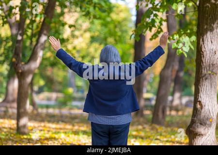 Femme heureuse avec les bras étirés dans le parc d'automne Banque D'Images