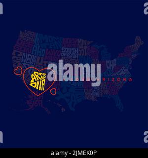 Arizona map typography with a red heart. US map state names typography. Illustration de Vecteur