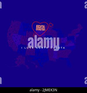 North Dakota state map Typography. USA map with the all state name in the background. I love North Dakota. Illustration de Vecteur