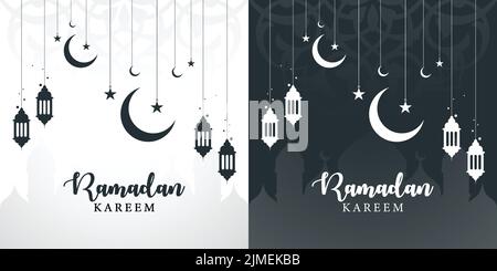 islamic greeetings ramadan kareem card design with lanterns and crescent, Ramadan Kareem festival celebration design, Ramadan mubarak Greeting card. Illustration de Vecteur