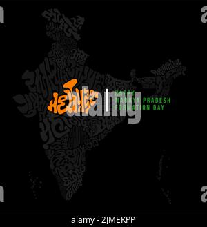 Madhya Pradesh day greetings with map typography in Hindi. India map typography. Stock Vector