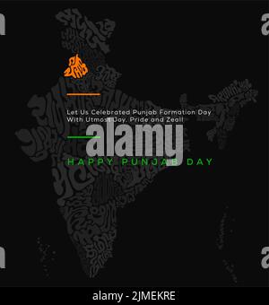 Bonne journée au Pendjab. Carte de l'Inde avec typographie de toutes les langues d'États. Punjab carte typographie à Gurmukhi. Illustration de Vecteur