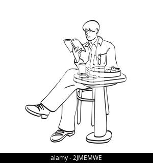 line art homme lecture livre et manger de la nourriture sur table illustration vecteur dessiné à la main isolé sur fond blanc Illustration de Vecteur