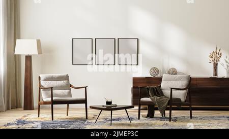 Cadres mockup dans le salon moderne lumineux intérieur dans les couleurs neutres avec fauteuils, lampadaire, tapis et table basse, coffre Banque D'Images