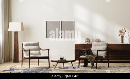 Cadres mockup dans le salon moderne lumineux intérieur dans les couleurs neutres avec fauteuils, lampadaire, tapis et table basse, coffre Banque D'Images