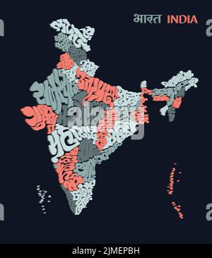 Typographie de carte indienne avec plusieurs scripts indiens en 3D. India map lettrage tous les États nom. Illustration de Vecteur