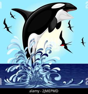 Une icône d'illustration vectorielle d'un orca d'esprit de baleine de Killer qui saute sur l'eau isolée sur fond blanc Illustration de Vecteur