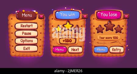 Jeu de cookies interface de dessin animé ensemble. Illustration vectorielle des éléments de l'interface utilisateur, du menu, du score de niveau du joueur, des bannières de gain, de perte et des boutons d'options. Collection créative de modèles de fenêtres d'applications mobiles et informatiques Illustration de Vecteur