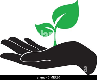 A vector illustration of a hand carefully holding an eco-green leaf icon isolated on white background Illustration de Vecteur